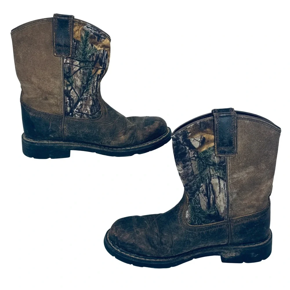 Ariat Kids Fatbaby‎ Camo Leather Western Boots 1.5 Distressed Ranch Farm Outdoor
